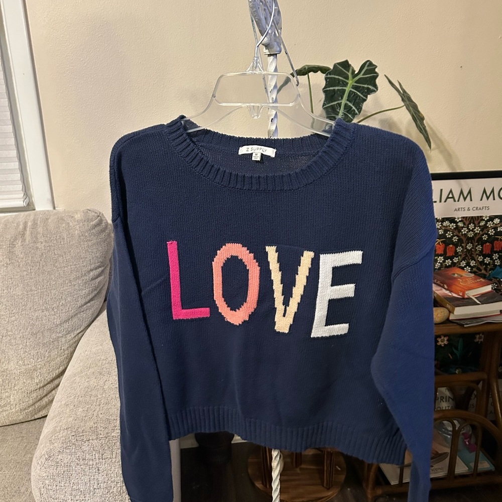 Z Supply Crop Pullover Sweater Women’s M Blue “LOVE” Crewneck Valentine’s Day